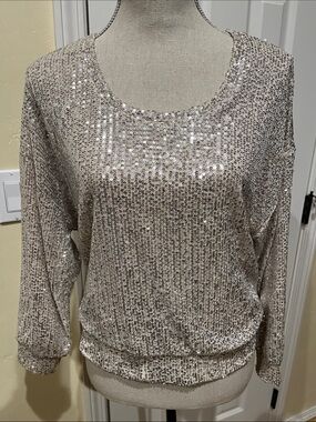 Dex Sequin Long Sleeve Top in Champagne